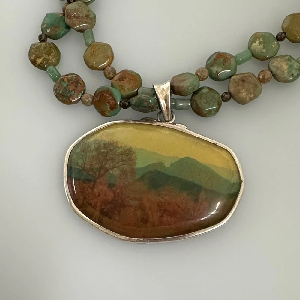 BARSE 925 Sterling Silver  TURQUOISE Bead Necklace with ART Scenic Pendant
